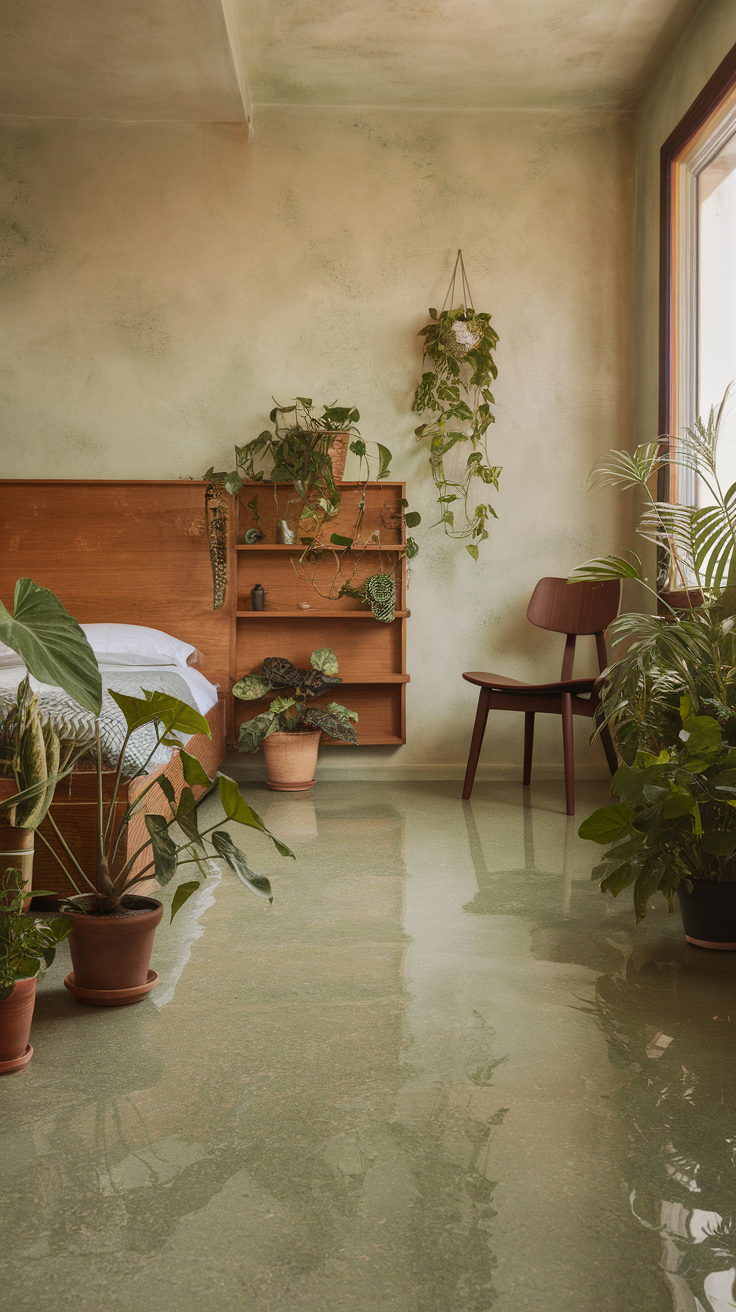 Cozy bedroom featuring subtle green epoxy flake flooring, wooden furniture, and lush plants.