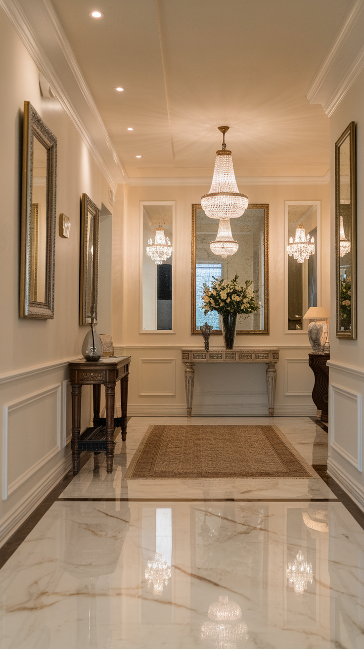 An elegant hallway featuring a subtle marble effect epoxy floor with chandeliers and mirrors.