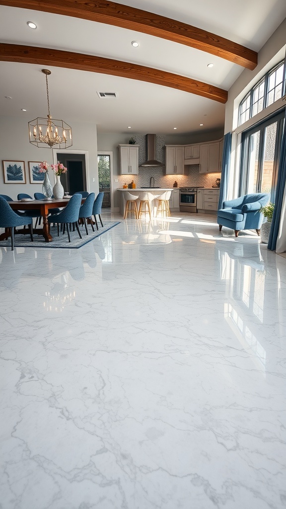 Interior space featuring a beautiful epoxy floor with subtle marble swirls, showcasing a dining area and kitchen.