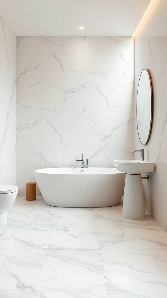 A modern bathroom featuring subtle marbleized neutral tones on the floor and walls.