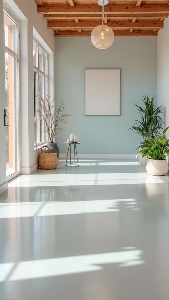 A bright room with pastel epoxy flooring, large windows, and plants.