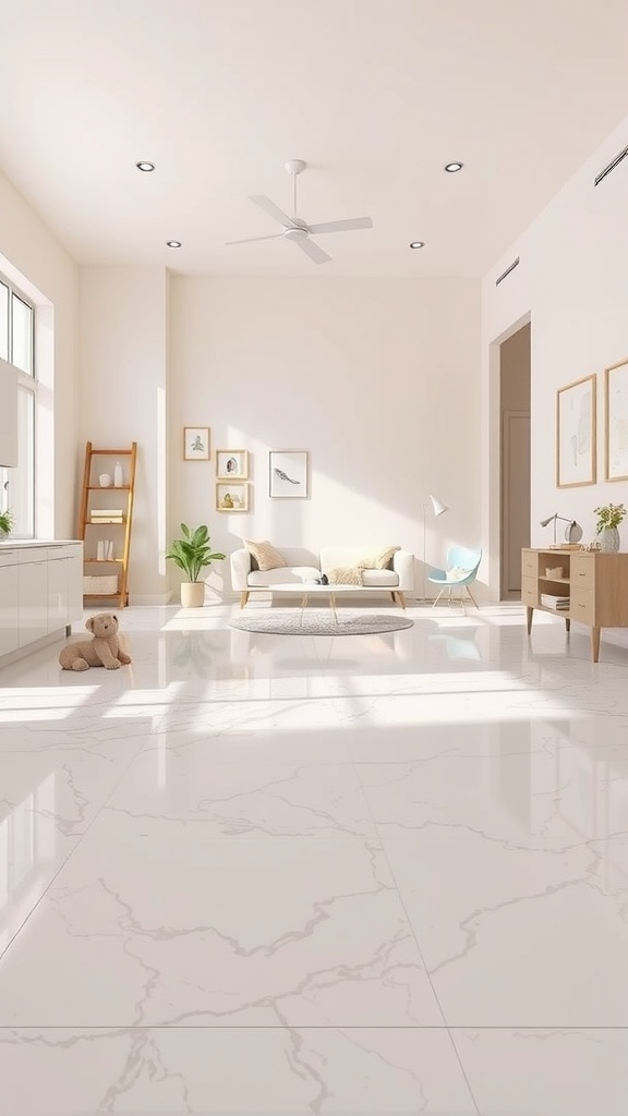 A modern living room featuring a marble epoxy floor in soft pastel hues, with a cozy seating area and natural light.