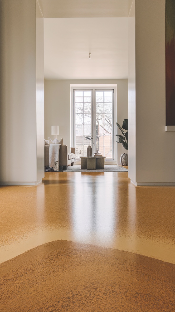 Living room with subtle sand and cream epoxy floor, showcasing a cozy atmosphere.
