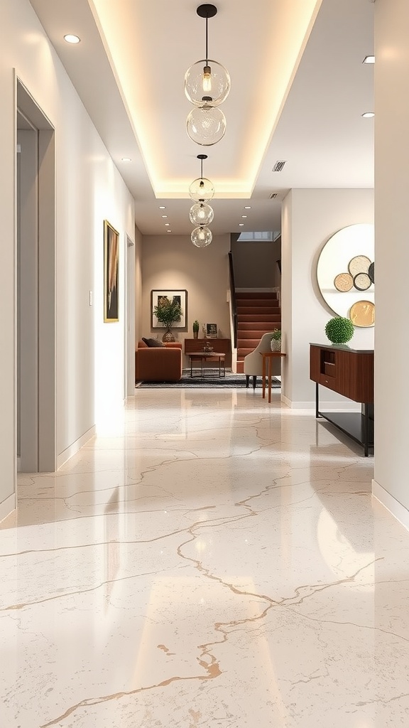 A modern hallway with subtle terrazzo style epoxy floors, showcasing light tones and elegant design.