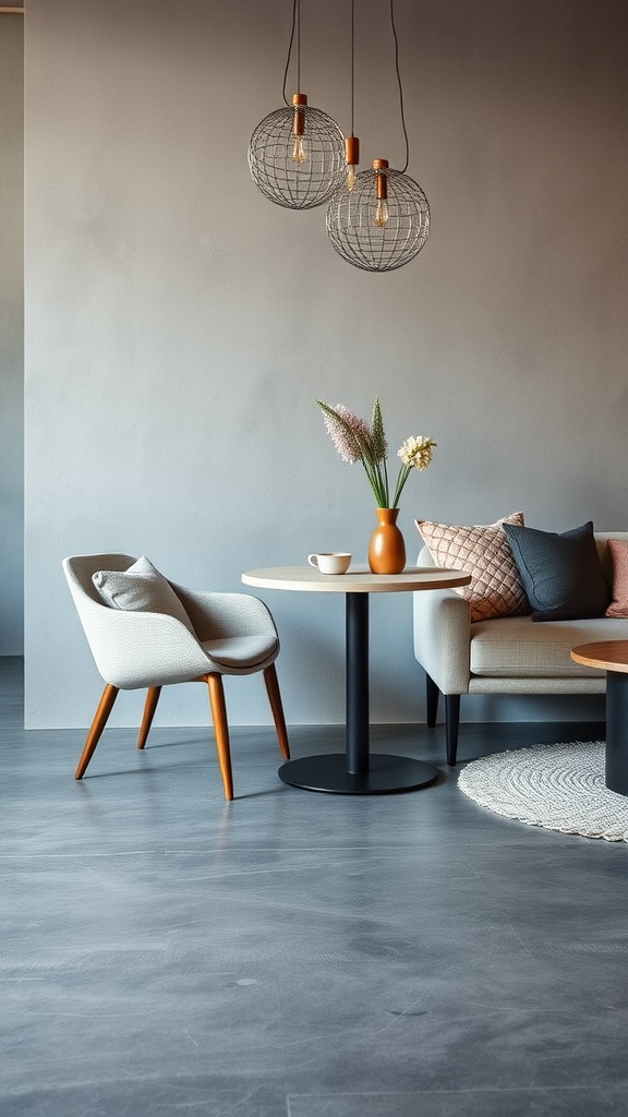 Minimalist interior featuring a grey polished concrete floor with soft lighting and modern furnishings