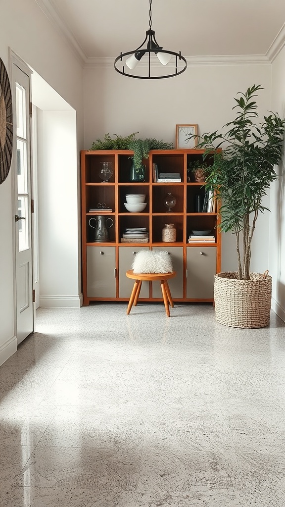 Interior space with light gray textured epoxy flooring, wooden shelving unit, stool, and plants.