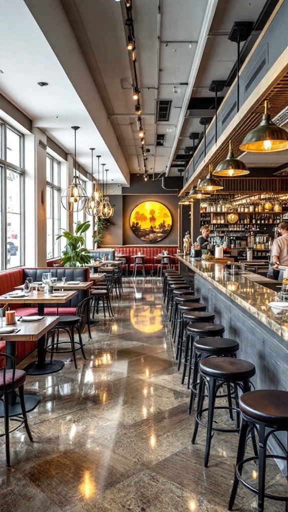 Interior view of a stylish restaurant with modern decor and seating.