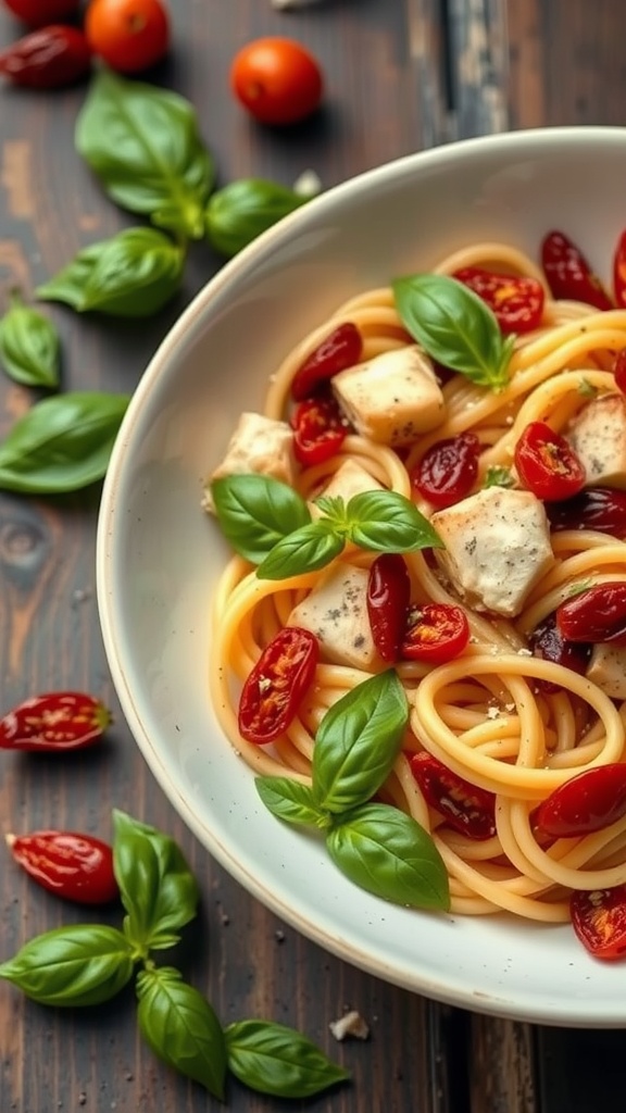 A plate of Sun-Dried Tomato Basil Chicken Pasta garnished with fresh basil leaves and sun-dried tomatoes.