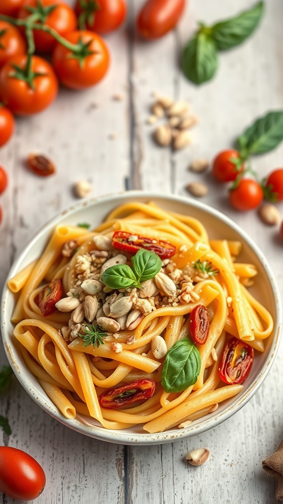 A plate of penne pasta with sun-dried tomato pesto, garnished with basil and nuts
