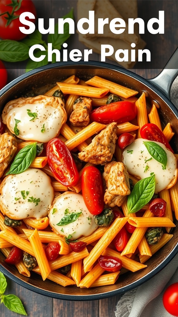 A delicious Sundried Tomato Chicken Pasta Skillet featuring chicken, sundried tomatoes, penne pasta, and fresh basil.