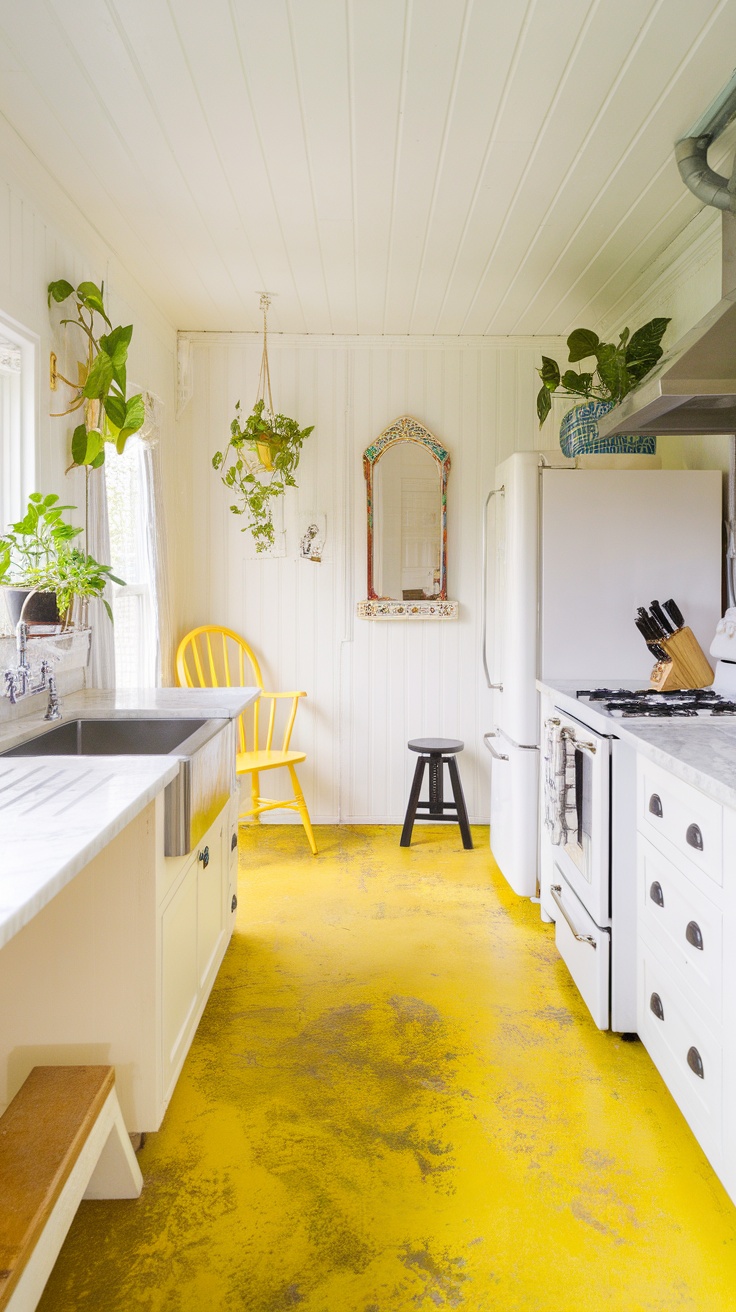 A bright kitchen featuring sunny lemon yellow epoxy flooring.