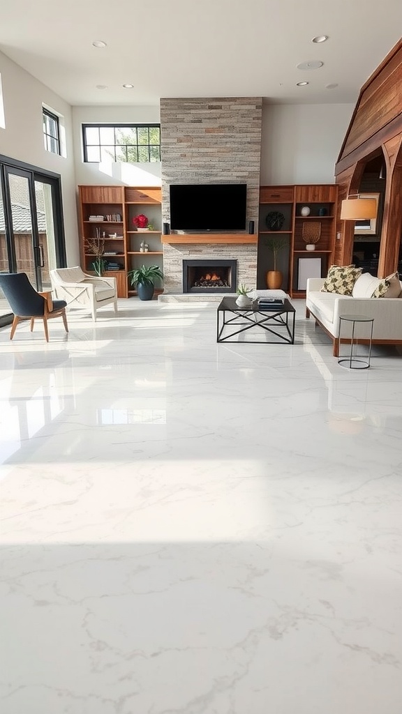Living room with glossy white epoxy flooring and modern decor