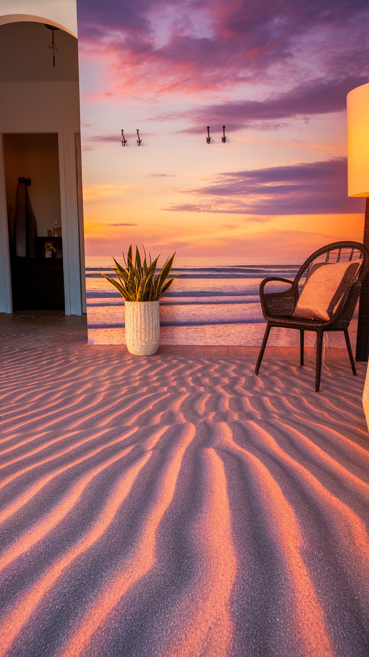 A cozy room with a sunset blend epoxy floor, featuring warm colors and wavy patterns, complemented by a plant and a chair.
