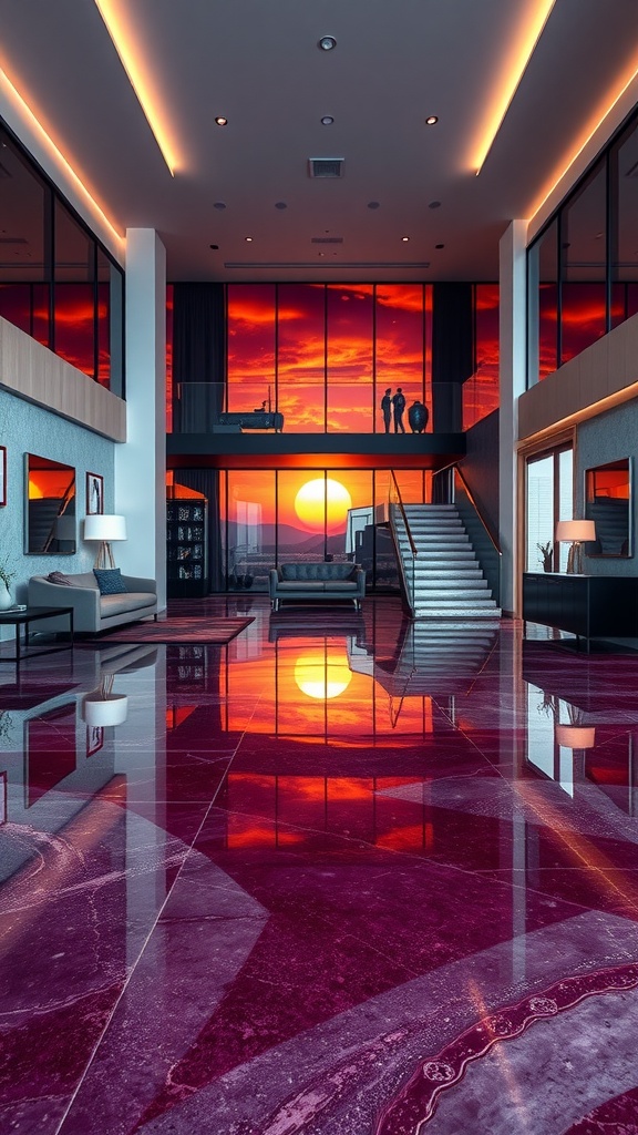 A spacious modern interior with glossy red epoxy flooring reflecting a sunset, featuring large windows and elegant decor.