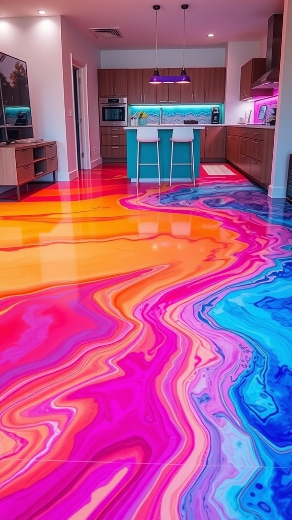 A colorful epoxy floor with a sunset gradient effect showcasing vibrant orange, pink, and teal swirls.