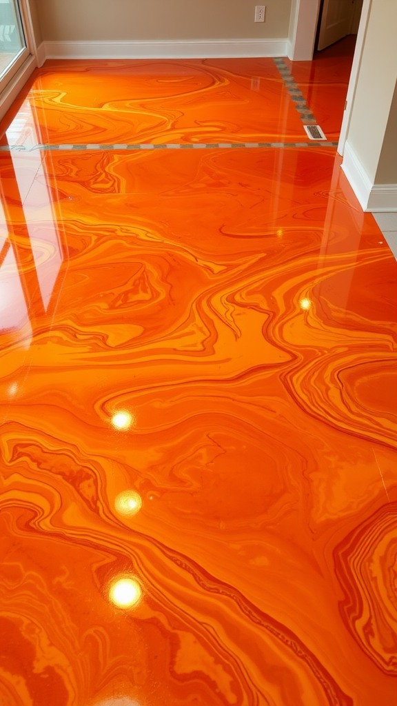 An epoxy floor showcasing a swirling design of sunset orange and bright yellow colors.