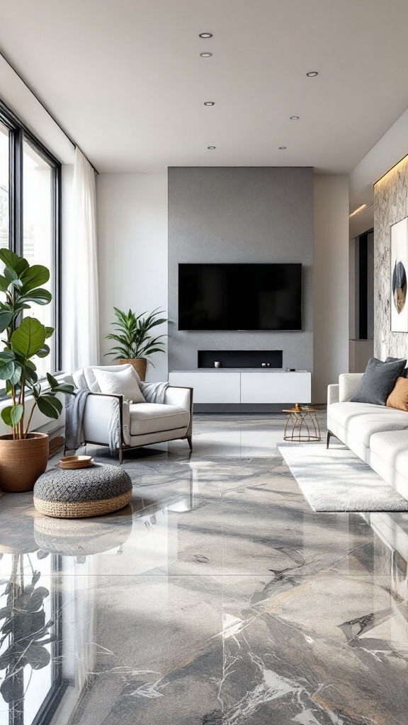 Modern living room with sleek furniture and glossy flooring, featuring plants and a television