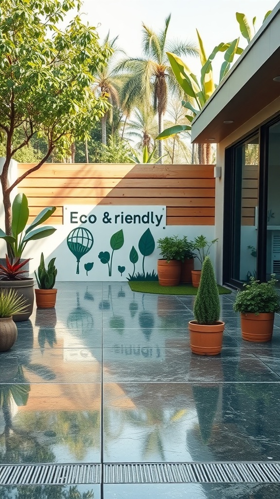 A sustainable outdoor space featuring epoxy flooring and green plants with an eco-friendly sign.