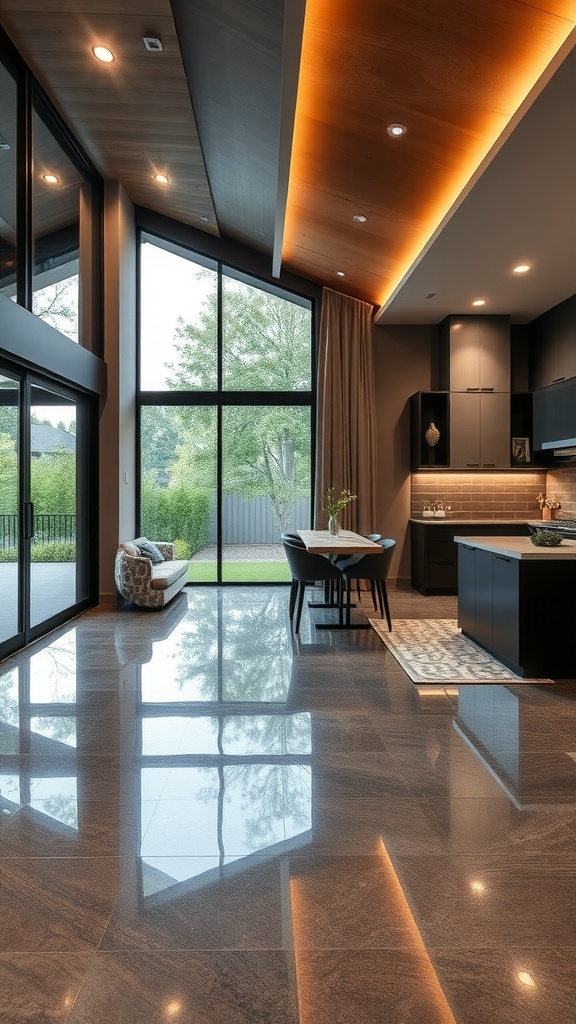 Modern kitchen with epoxy flooring and architectural lighting design