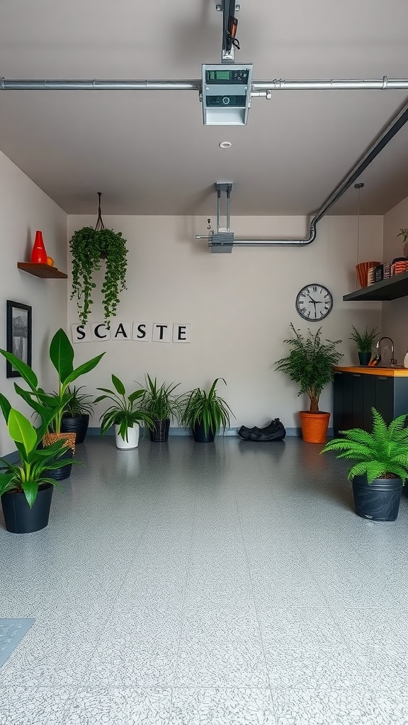 Stylish garage with plants and polished epoxy flooring