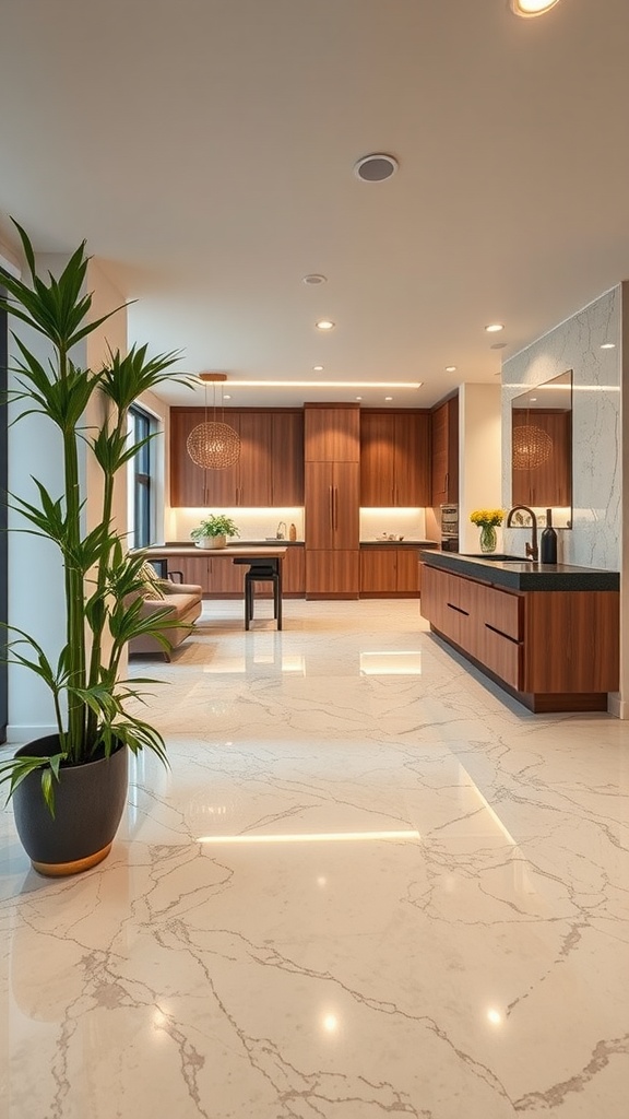 A modern kitchen showcasing elegant marble epoxy flooring with bamboo accents and stylish cabinetry.