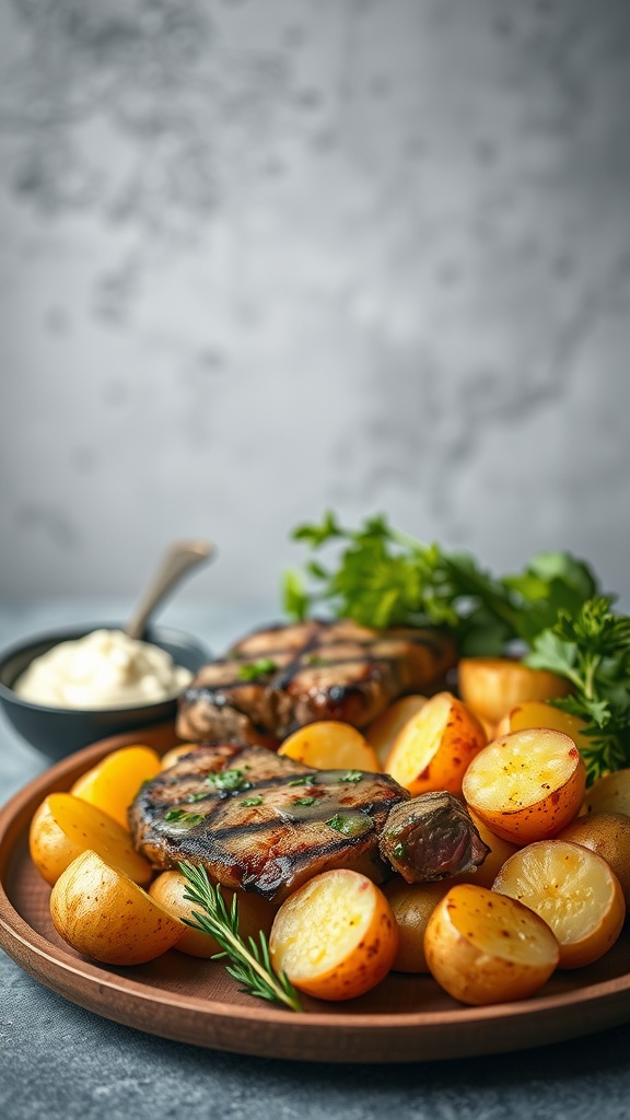 A plate with garlic butter steak bites and baby potatoes garnished with parsley.