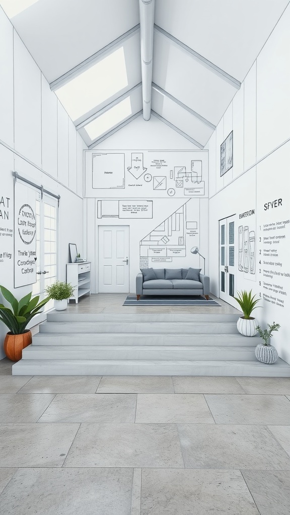 A bright interior space featuring concrete floors and steps, with a modern sofa and plants.