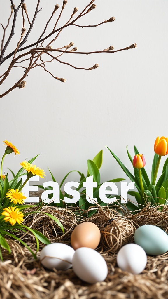 A colorful display of flowers and Easter eggs in a natural setting.
