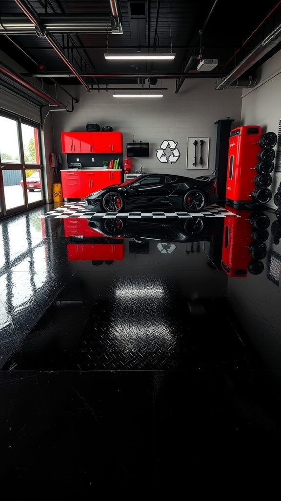 A modern garage featuring a black epoxy floor with sleek design elements, highlighting eco-friendly options.