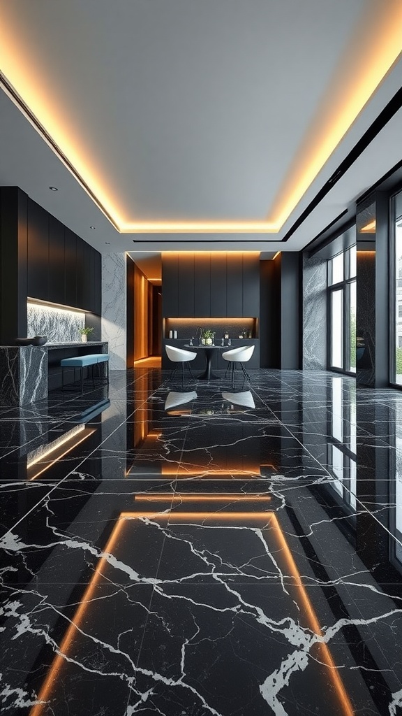 A luxury modern kitchen with black marble epoxy flooring and elegant lighting.