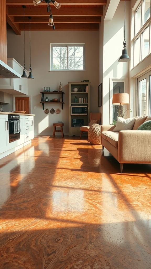 A beautifully designed living room with brown epoxy flooring, showcasing a modern farmhouse style.
