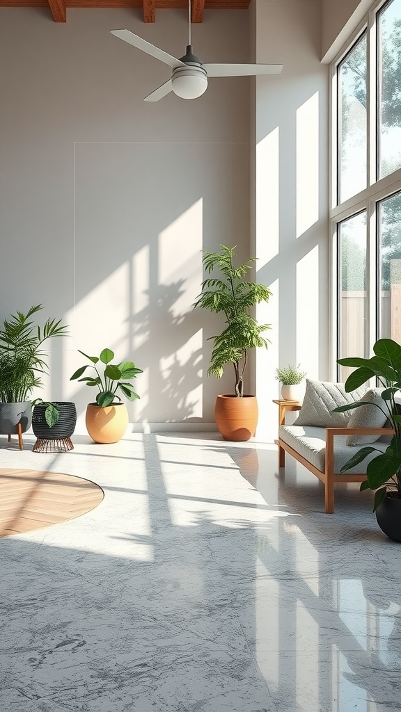 A bright and spacious living room with epoxy flooring, large windows, and indoor plants.