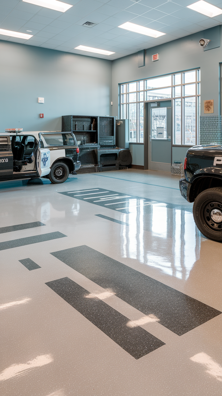 Interior of a public service building with epoxy coated flooring and emergency vehicles.