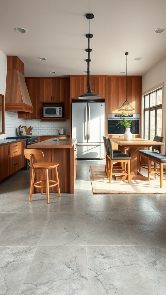 A modern kitchen with an epoxy floor, wood cabinets, and an island table.