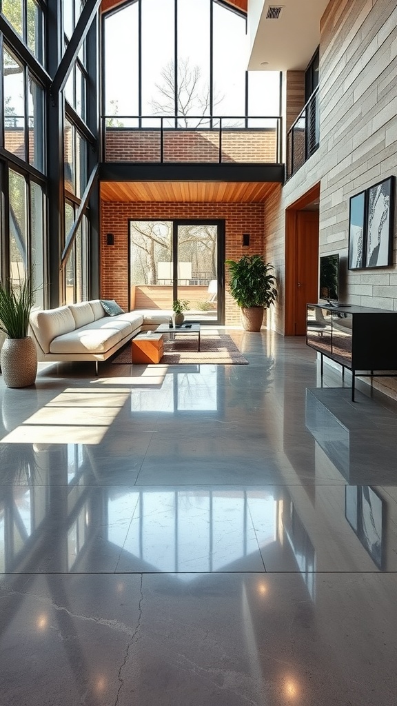 Bright, modern living room featuring polished concrete floors and large windows