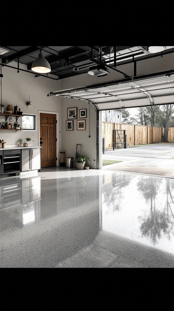 A modern garage with polished epoxy flooring and a clean aesthetic.