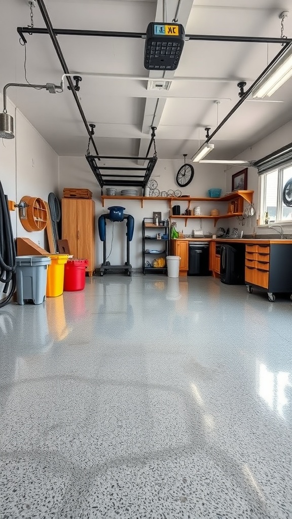 A clean garage workshop with a polished epoxy floor and a recycling station.
