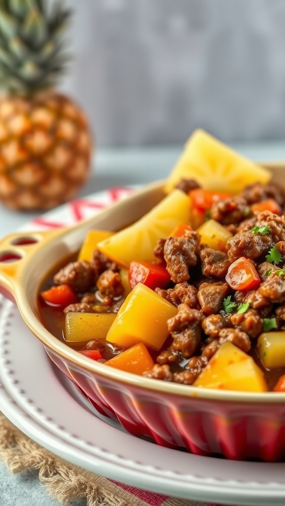 A delicious sweet and sour beef casserole with colorful ingredients.