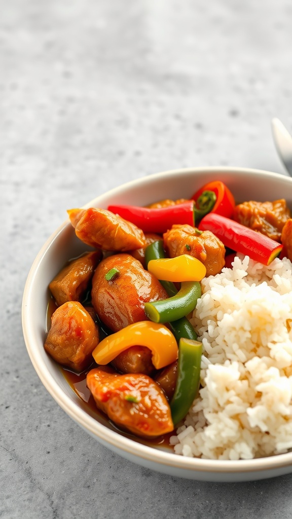A bowl of sweet and sour chicken with colorful bell peppers and white rice.