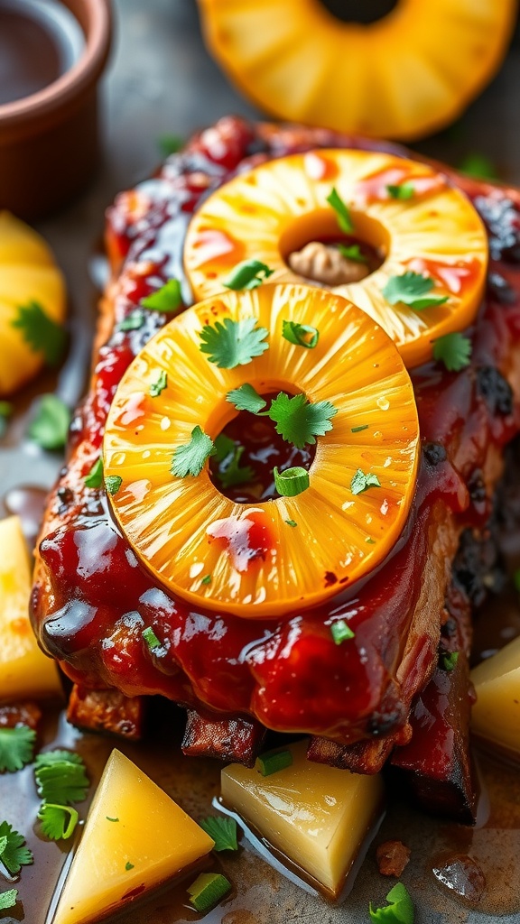 Sweet and Sour Pineapple Ribs garnished with pineapple and cilantro.