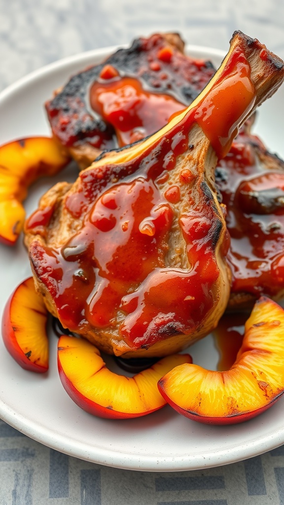 Sweet and spicy BBQ pork chops with peach garnish