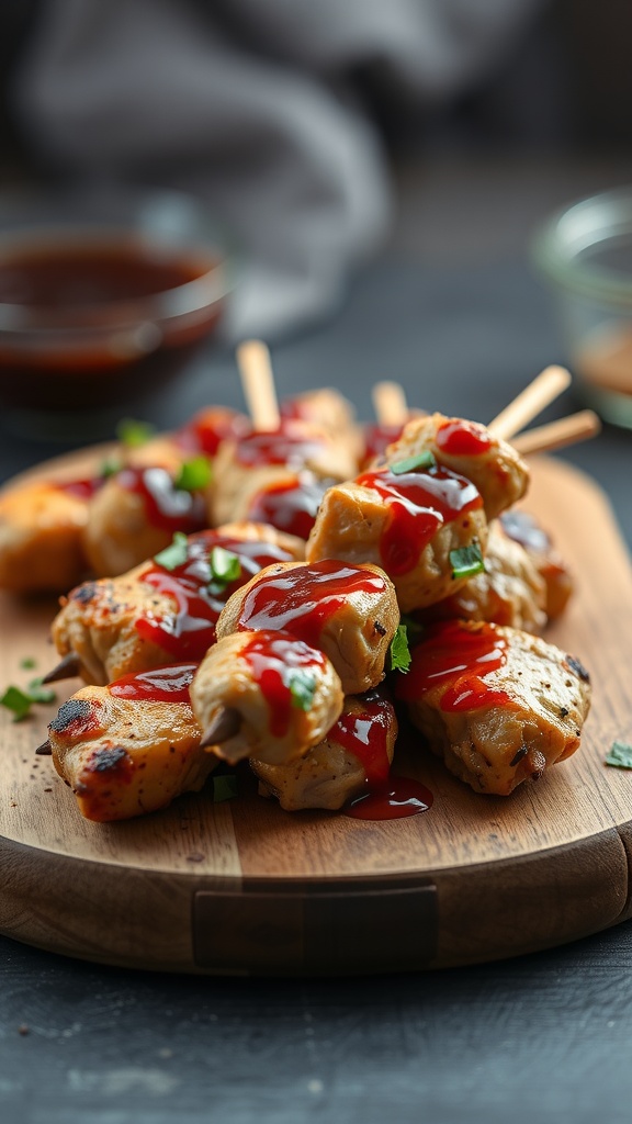 Delicious sweet and spicy chicken skewers served on a wooden platter.