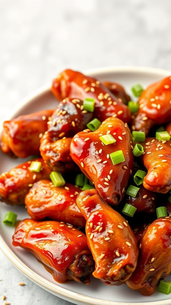 Delicious sweet and spicy chicken wings garnished with green onions and sesame seeds.