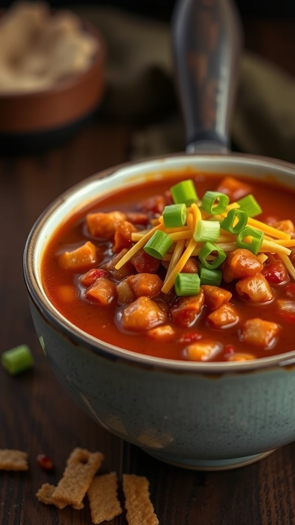 A delicious bowl of sweet and spicy chili topped with cheese and green onions, served with crackers.