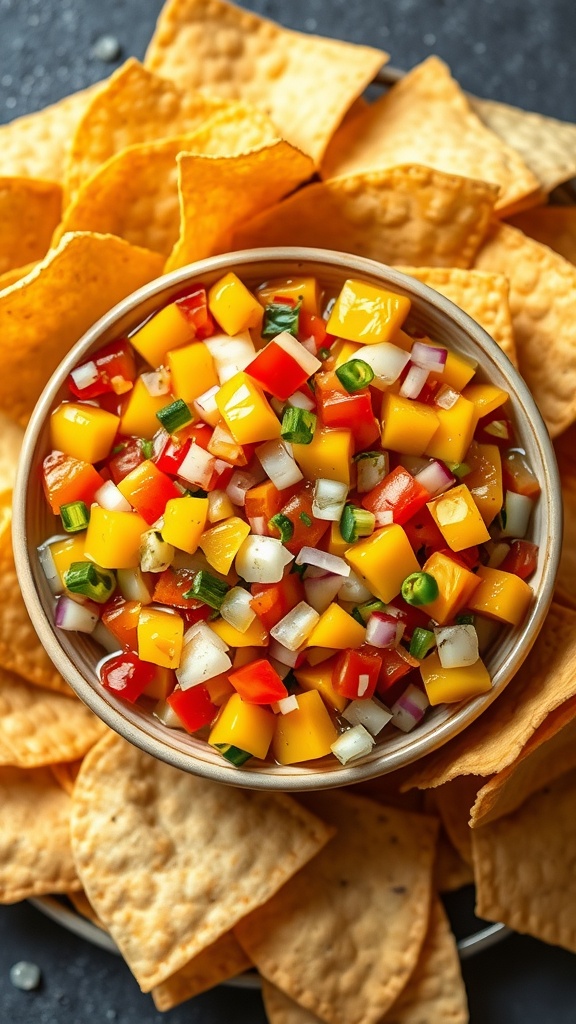 A bowl of sweet and spicy mango salsa surrounded by tortilla chips