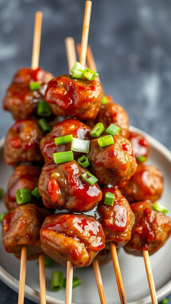 Sweet and spicy meatball skewers topped with green onions