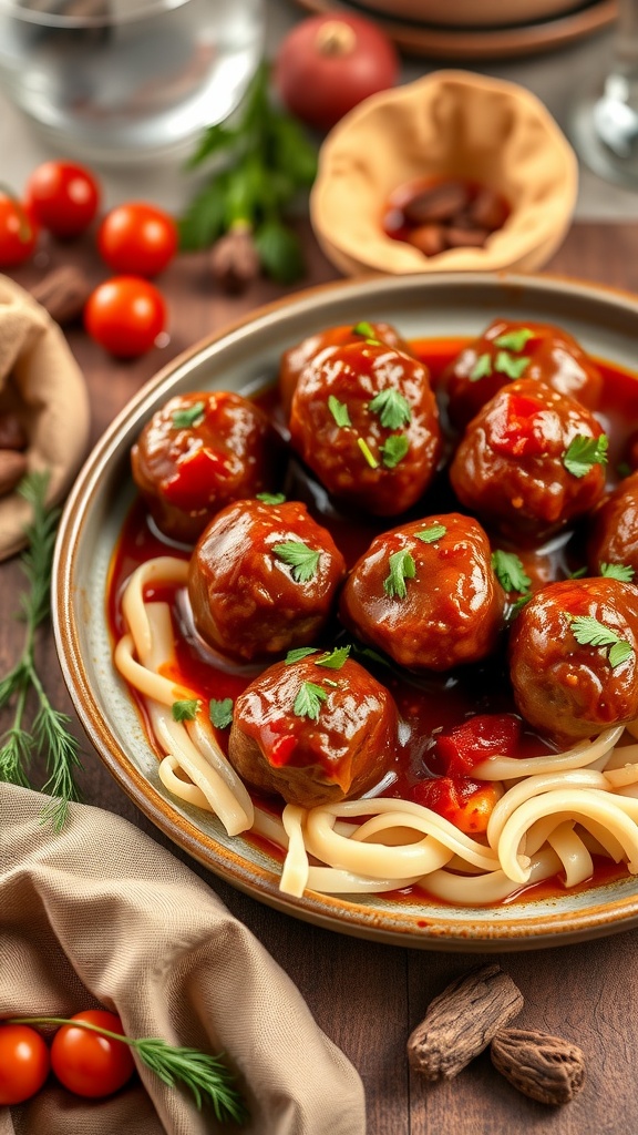 Sweet and spicy meatballs served with noodles
