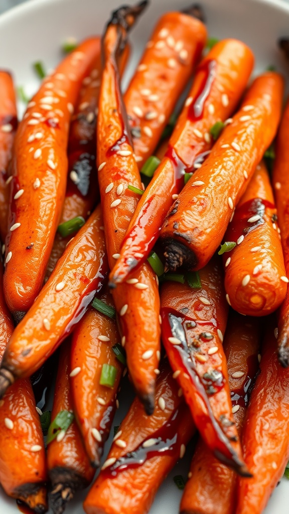 Sweet and spicy roasted carrots garnished with sesame seeds and green onions.