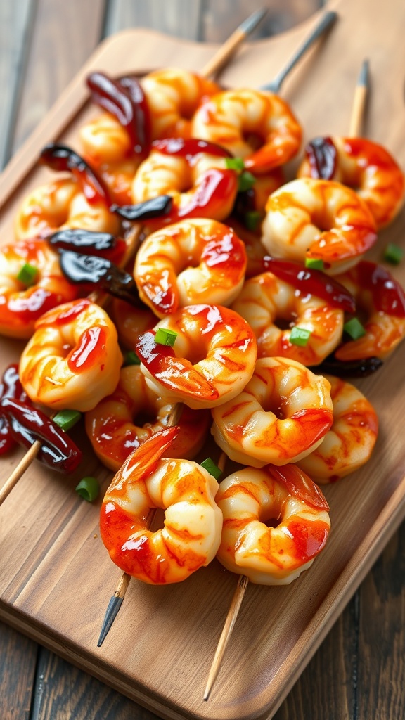 Delicious sweet and spicy shrimp skewers on a wooden platter.