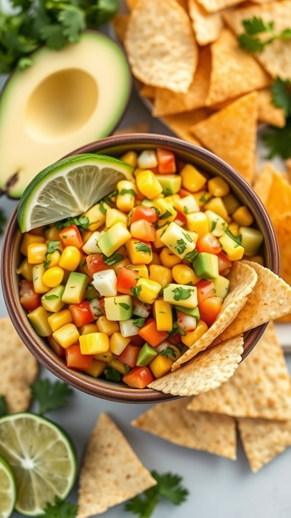 A bowl of sweet corn and avocado salsa surrounded by tortilla chips and lime wedges.